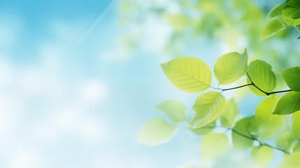 Ambiance printanière, feuilles vertes sur les branches d'un arbre. Arrière-plan de flou et lumière claire, bleu. Printemps, été, nature. Pour conception et création graphique - obrazy, fototapety, plakaty