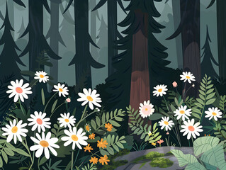 Misty Enchanted Forest Scene with Delicate Wildflowers - Serene Nature Illustration for Tranquil Meditation and Mystery Conceptuality