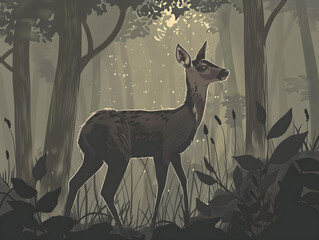 Majestic Deer Centered in Mysterious Dark Forest - Dreamlike Wildlife Digital Art, Expressive Animal Eyes, Evocative Nature Scenery, Concept of Serenity, Wilderness & Enchantment
