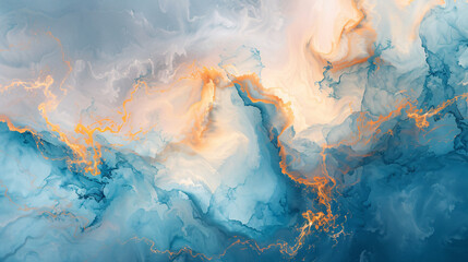 abstract watercolor painting with gold, orange and blue, in the style of ethereal cloudscapes,...