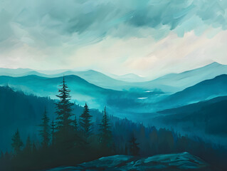 Tranquil Blue Mountain Landscape with Lush Dark Pine Trees - Serene Nature Artwork with Depth and Atmosphere, Perfect for Calm and Peace Concept