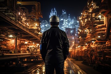 From behind, an engineer observes an oil refinery, showcasing their role in overseeing the complex processes involved in oil production and refining