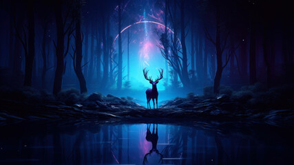 Deer in the forest at night - obrazy, fototapety, plakaty