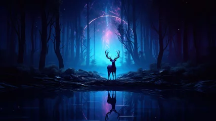 Tuinposter Deer in the forest at night © Ula