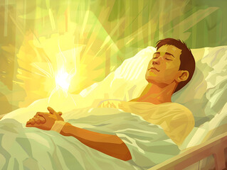 Serene Man Sleeping in Hospital Bed Bathed in Bright Light - Medical Recovery and Hope Concept, Peaceful Patient Resting with Optimistic Healing Rays