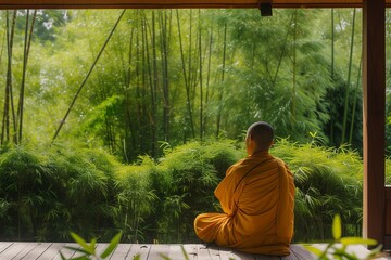 monk in a bamboo grove sitting on a wooden platform, facing the greenery