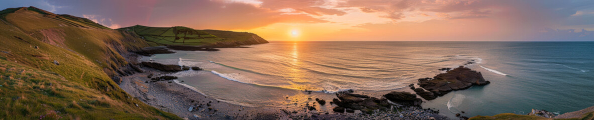 Panorama sunrise over the sea, panoramic sunset beach landscape, background, copy space