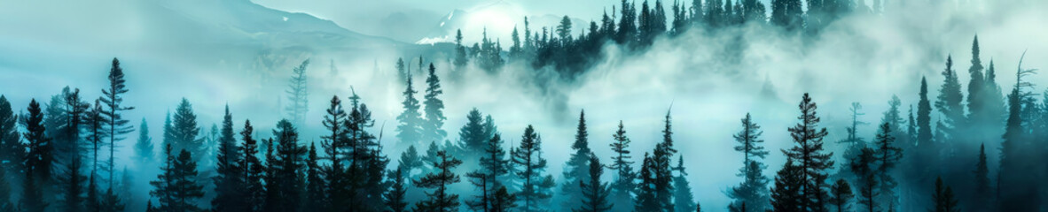 Panorama forest with morning foggy panoramic, panoramic mountains landscape, background, copy space