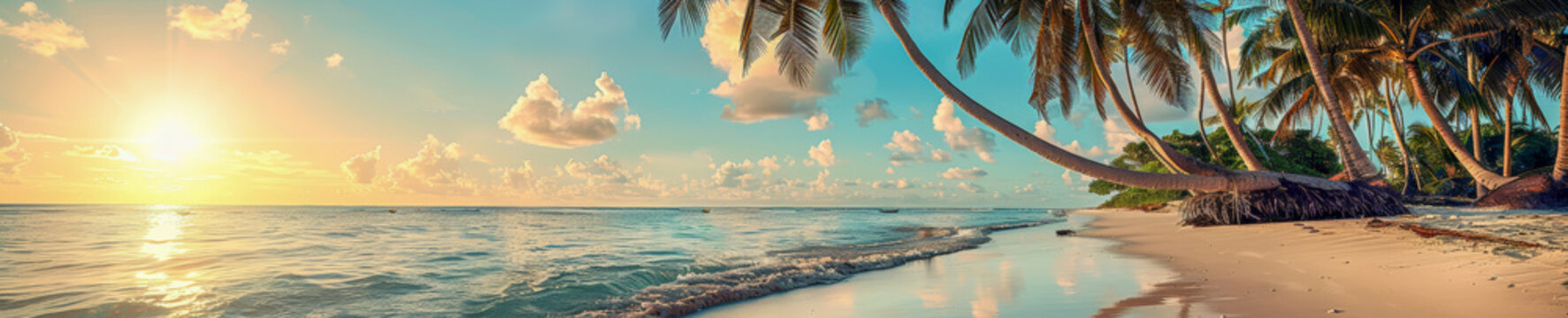 Panorama tropical beach with coconut palm trees, panoramic sea beach landscape, background, copy space
