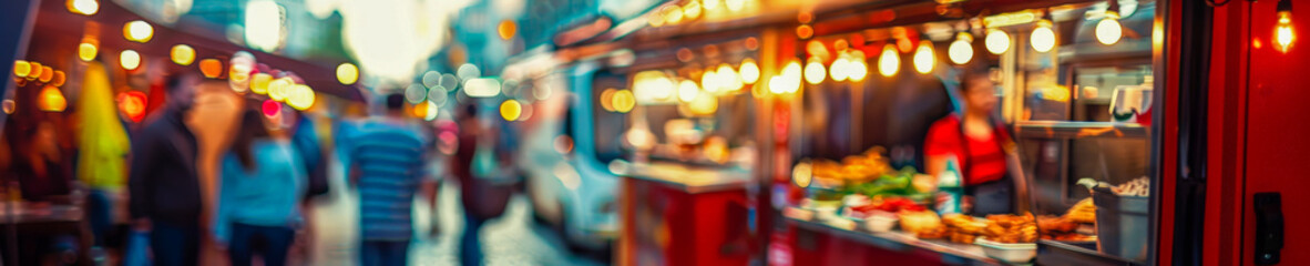 Fototapeta premium Festive Bokeh: The bustling heart of a market comes alive with blurred lights and joyful shoppers. Embrace the magic, Panoramic view