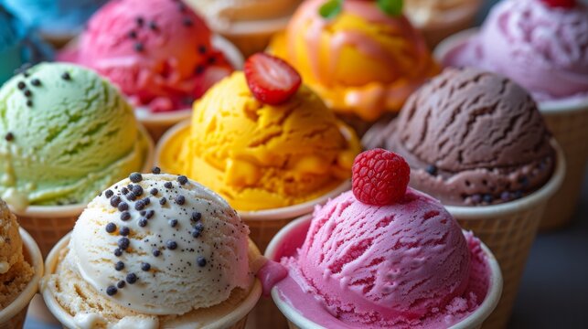 Italian Gelato Temptation: A close-up of colorful gelato scoops in a cone, capturing the temptation and joy associated with indulgent desserts. 