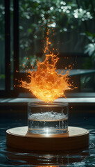 Glass Flask with Splash and Fire on Dark Background