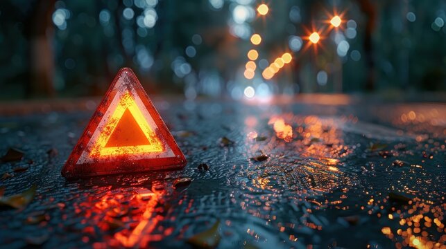 Roadside alert triangle foregrounds an open hood