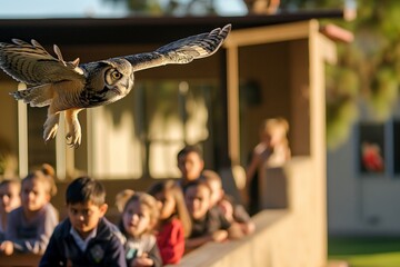 owl flying past an outdoor classroom, children watching in awe - obrazy, fototapety, plakaty