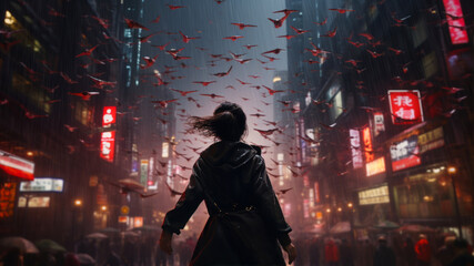 Fototapeta premium Woman walking in the middle of the city at night with a lot of red fish flying around