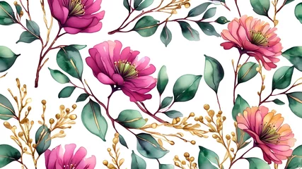 Rideaux Patrons seamless pattern with pink ,flower Watercolor Floral Seamles Pattern, Hand painted Watercolor, Wildflowers, Twigs, Leaves, Buds. Design for fashion , fabric, textile, wallpaper, cover, web , wrapping  © monu