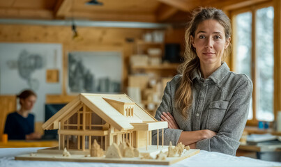 jeune femme architecte à côté d'une maquette de chalet en bois - obrazy, fototapety, plakaty