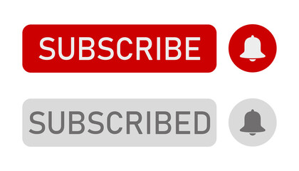 Illustration of red and gray buttons with subscribe, subscribed and notification bell buttons - isolated icons - suitable for video blog.