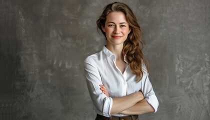 Confident Young Businesswoman in Professional Attire Standing Against a Textured Background