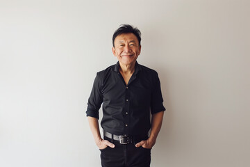 Obraz premium Confident Smile and Casual Style: A Portrait of an Affable Middle-Aged Man in a Relaxed Black Outfit