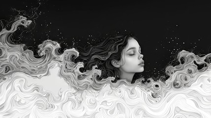 Beautiful girl with long curly hair. Black and white illustration.