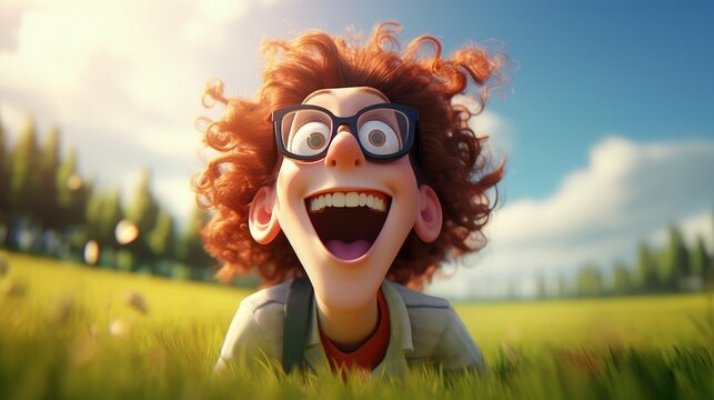 Giggling cartoon character surrounded by cinematic lights and laughter