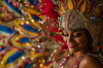 brazilian woman in carnival costume with headdress and sequins