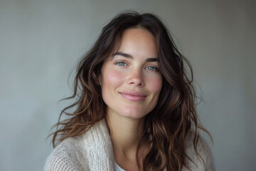 Fototapeta premium Happy attractive confident young adult or mid aged European woman posing for beauty aesthetic portrait. Beautiful lady smiling on background, attractive female model looking at camera. Close up face .