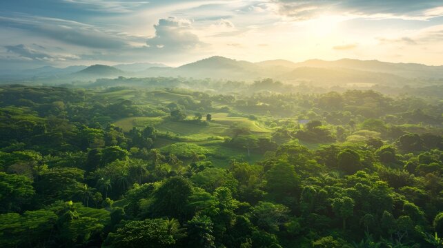 Sunrise Over Verdant Hills - Pristine Landscape - The warm glow of sunrise spills over lush, rolling hills, highlighting the peaceful beauty of rural landscapes. This image is perfect for illustrating