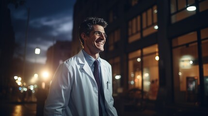 Laughing Doctor in Cinematic Setting Brightens Hospital Atmosphere - obrazy, fototapety, plakaty