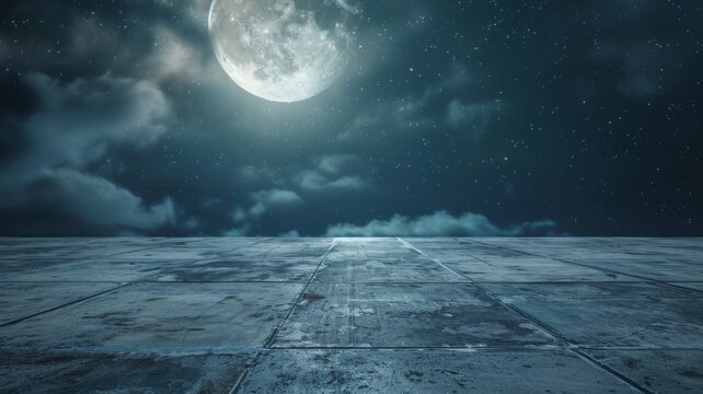 Empty concrete floor with mystical moonlight Concrete Surface - The serene beauty of moonlight reflecting on a concrete surface, blending urban textures with celestial tranquility.