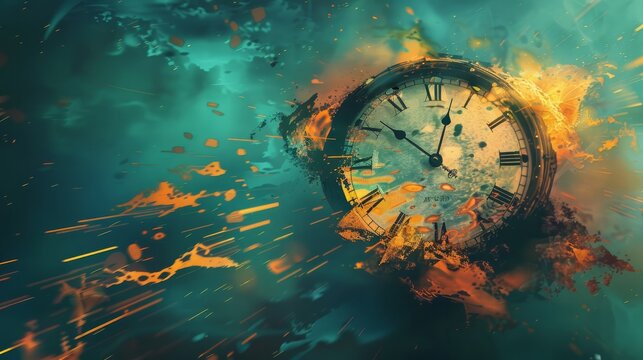 Abstract colorful image with a clock in the middle, time running out, time flies, tick tock