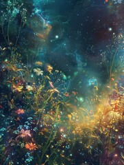 Fototapeta na wymiar Fantasy painting: cosmic garden amidst nebulous void, with glowing flora and ethereal fauna