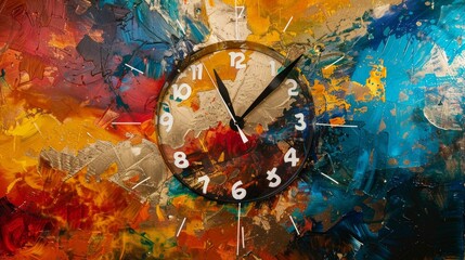 Abstract colorful image with a clock in the middle, time running out, time flies, tick tock