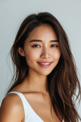 Naklejka premium Beautiful confident young adult Asian woman posing for beauty portrait. Pretty smiling happy healthy girl student model from Asia looking at camera smiling on background. Close up face .