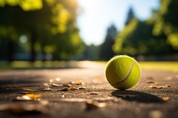 Captured in detail, a tennis ball rests on the court, offering a perfect backdrop for text and branding, suitable for presentations, flyers, and advertising campaigns - obrazy, fototapety, plakaty