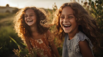 Fototapeta premium Energetic laughter of two young girls in a cinematic setting