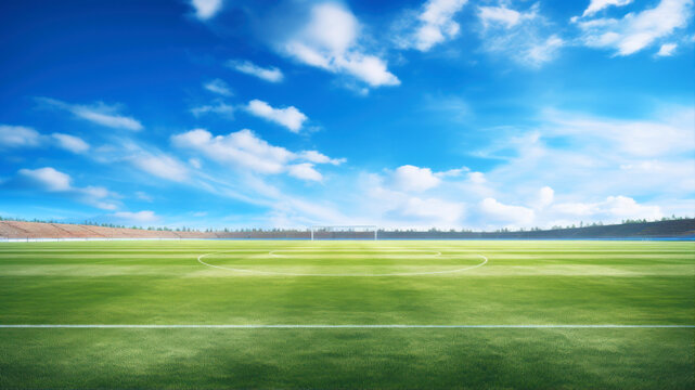 soccer field and blue sky with white clouds