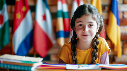 Little children during lesson at language school: emotional happy face of a little girl studying a foreign language against the background of flags of different countries, Education concept - obrazy, fototapety, plakaty