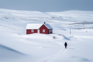 individual walking towards a single house in a snowy landscape