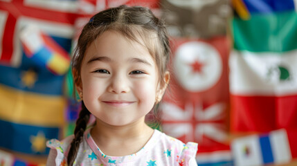 Little children during lesson at language school: emotional happy face of a little girl studying a foreign language against the background of flags of different countries, Education concept