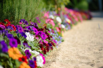 sand path with a blurred bed of multicolored petunias - obrazy, fototapety, plakaty