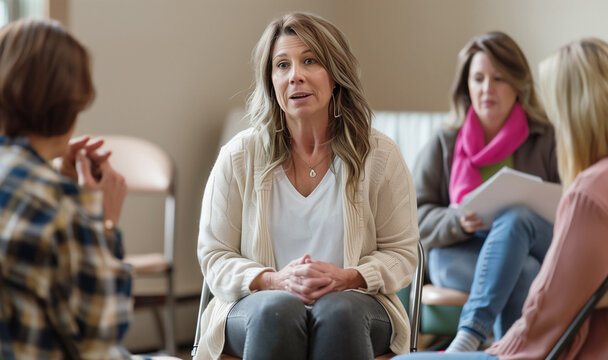 Middle-aged woman portrait calm sharring her life problems while he sitting in the circle of psychological mental supporting group session. Mental women health, psychiatrist professional help concept
