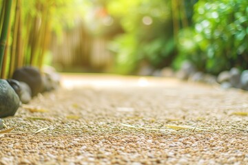 raked gravel zen path with blurred bamboo and stone garden elements