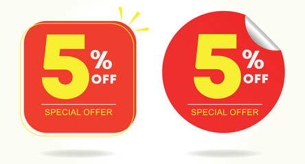 5% off. Tag special offer, campaign sales, sticker. Poster twenty percent off price, value. Advertising, promo, discount, shop, retail, store. Icon, vector