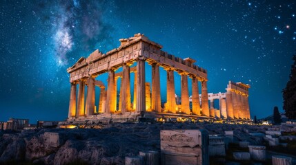 Ruins of the Acropolis in Athens at night. History of ancient Greece. Stone columns. - obrazy, fototapety, plakaty