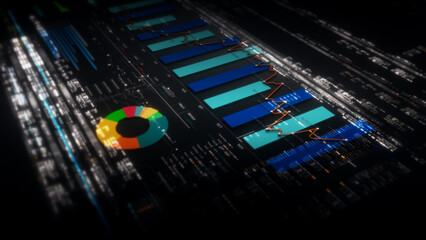 Business presentations with this stock market trading info graphic. Vibrant animated graphs and charts on a monitor display screen provide insightful data analysis, for productive business meetings