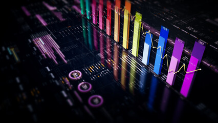 Business presentations with this stock market trading info graphic. Vibrant animated graphs and charts on a monitor display screen provide insightful data analysis, for productive business meetings