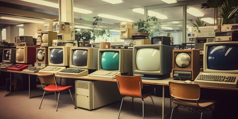 Exploring Technological Treasures: Adventures in a Vintage Computer Room. Concept Retro Tech, Vintage Computers, Technology Preservation, Nostalgic Gadgets