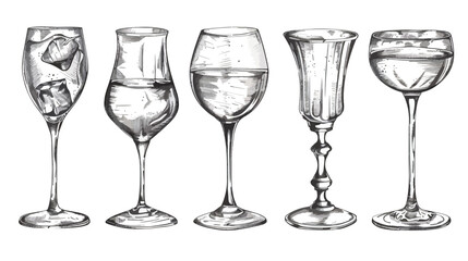 Vector set of glasses goblets in ink hand drawn  - obrazy, fototapety, plakaty